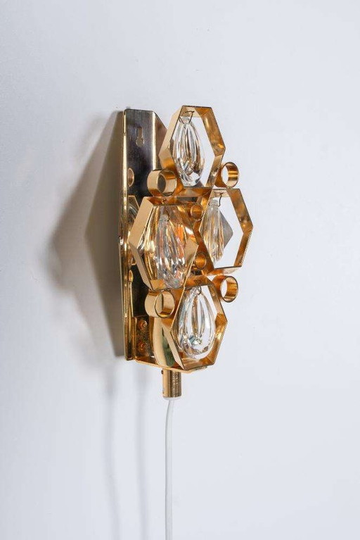 Vintage Brass & crystal wall lamp 60s, Regency brass lamp