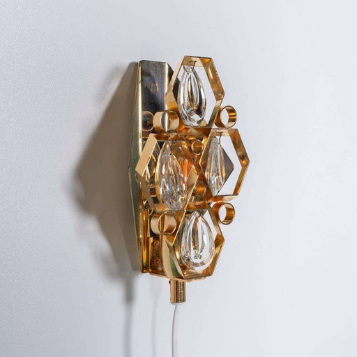 Vintage Brass & crystal wall lamp 60s, Regency brass lamp