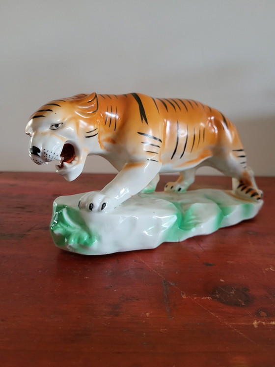 Image 1 of Figurine de tigre, Vintage, céramique et peinture à la main, 1980
