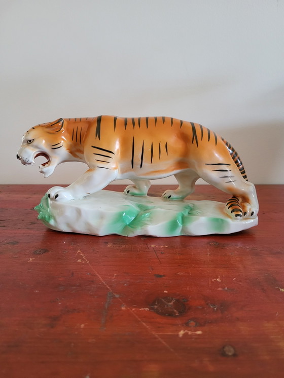 Image 1 of Figurine de tigre, Vintage, céramique et peinture à la main, 1980