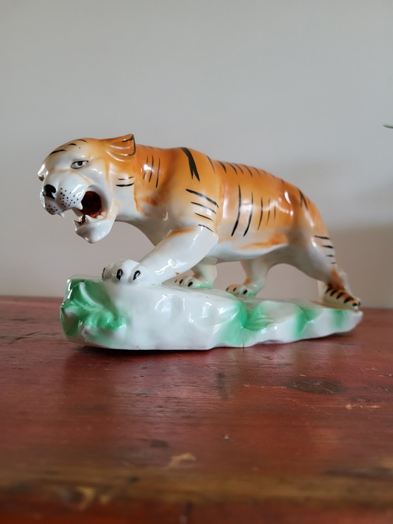 Image 1 of Figurine de tigre, Vintage, céramique et peinture à la main, 1980