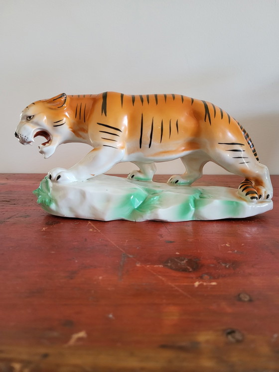 Image 1 of Figurine de tigre, Vintage, céramique et peinture à la main, 1980