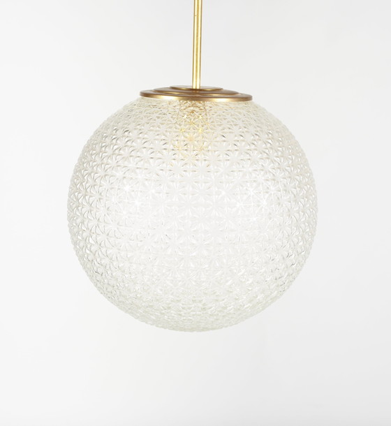 Image 1 of Mid Century Glass & Brass Pendant Globe