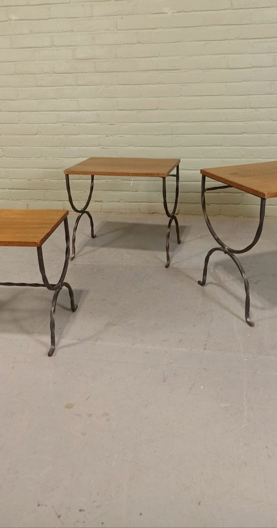 Image 1 of Wooden Top And Wrought Iron Legs Set Of Nesting Tables 