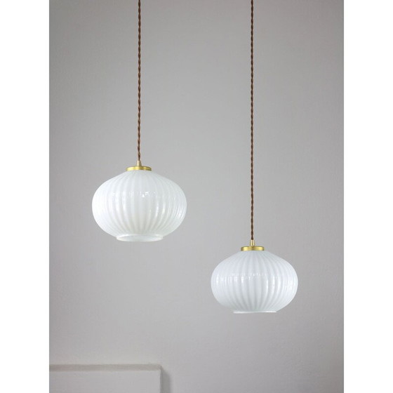 Image 1 of Vintage opal glass and brass pendant lamp