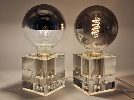 Pair solid crystal cube table lamps