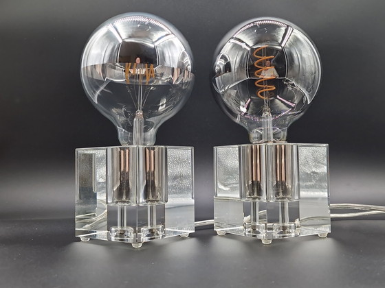 Image 1 of Pair solid crystal cube table lamps