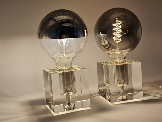 Image 1 of Pair solid crystal cube table lamps