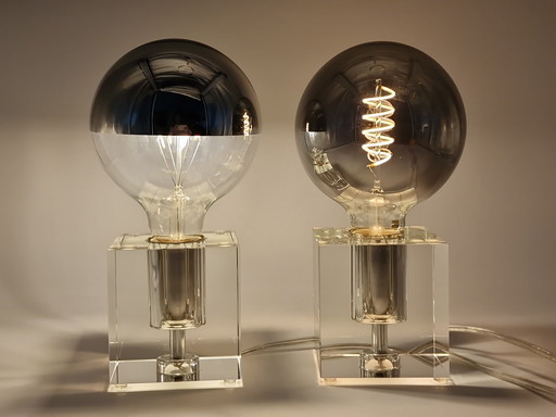 Pair solid crystal cube table lamps