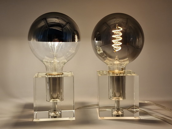 Image 1 of Pair solid crystal cube table lamps