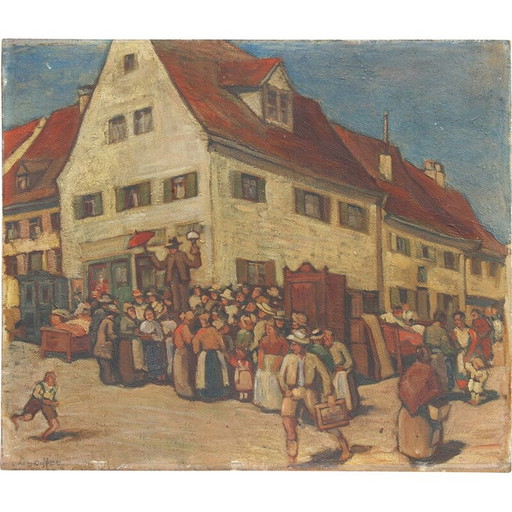 Vintage painting pattern "Auction of a house" by Ernst Crasse, Germany 1920