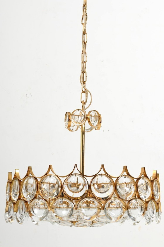 Image 1 of Gilded Brass And Crystal Chandelier By Palwa 1970S