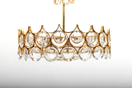 Image 1 of Gilded Brass And Crystal Chandelier By Palwa 1970S