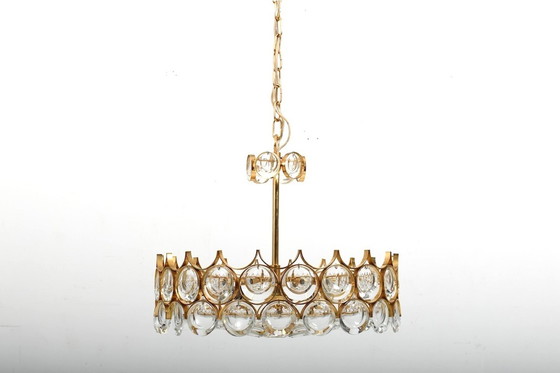 Image 1 of Gilded Brass And Crystal Chandelier By Palwa 1970S