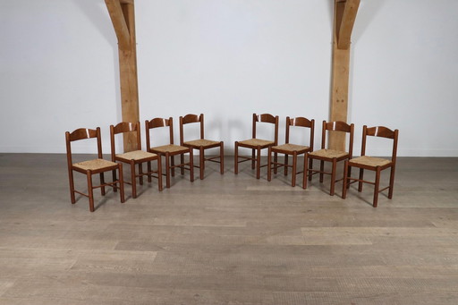 Midcentury Modern Dining Chairs In Oak And Rush, France 1960S