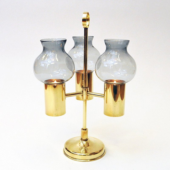Image 1 of Norwegian vintage brass candlestick with three arms and smoked shades by Odel Messing, 1960s