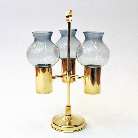 Image 1 of Norwegian vintage brass candlestick with three arms and smoked shades by Odel Messing, 1960s
