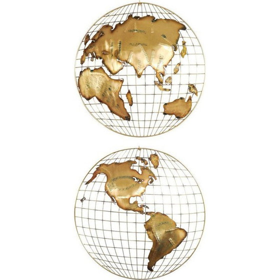 Image 1 of Pair of vintage brass "the world" wall sculptures by Curtis Jeré, 1970