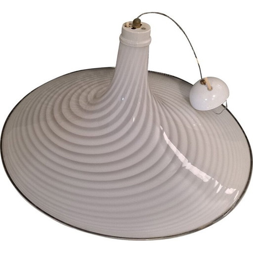Leucos swirling white murano glass vintage pendant lamp, 1970