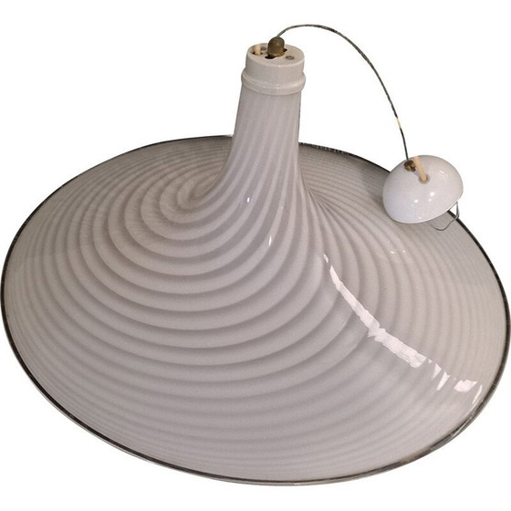 Image 1 of Lampada a sospensione vintage in vetro di Murano bianco vorticoso di Leucos, 1970
