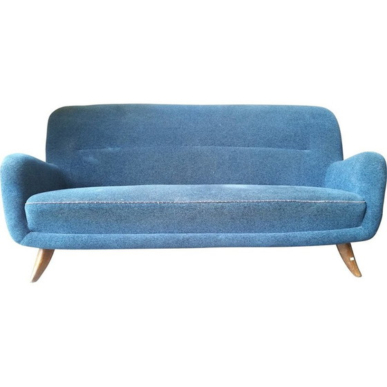 Image 1 of 3 seater blue vintage sofa in velvet fabric, 1950