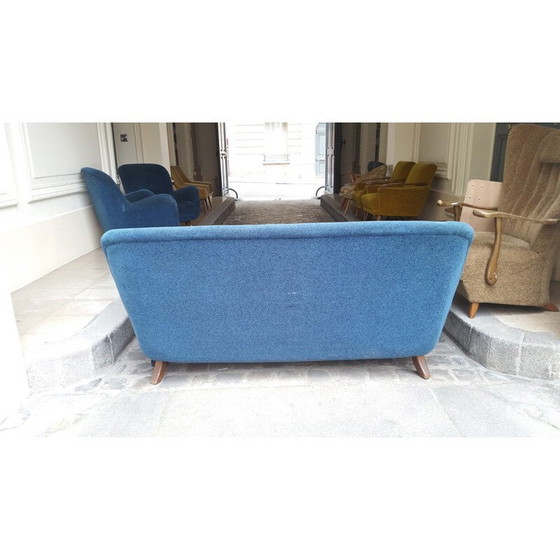 Image 1 of 3 seater blue vintage sofa in velvet fabric, 1950