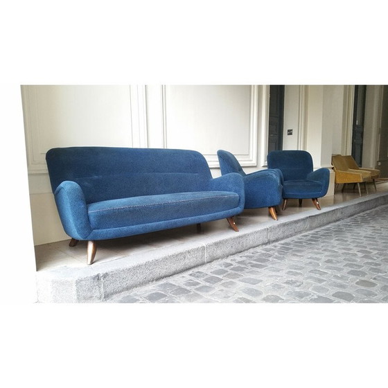 Image 1 of 3 seater blue vintage sofa in velvet fabric, 1950