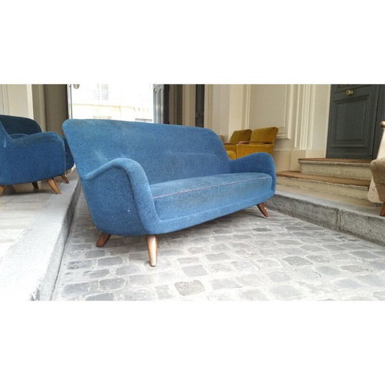 Image 1 of 3 seater blue vintage sofa in velvet fabric, 1950