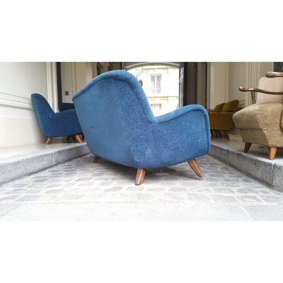 Image 1 of 3 seater blue vintage sofa in velvet fabric, 1950