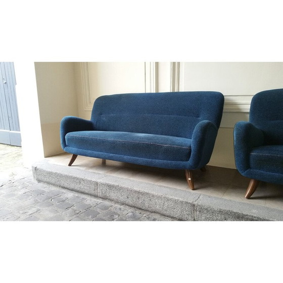 Image 1 of 3 seater blue vintage sofa in velvet fabric, 1950
