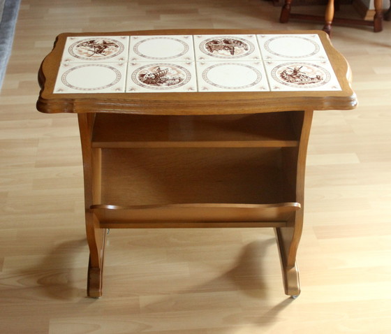 Image 1 of Mid - Century wooden newspaper trolley with ceramic tiles, on castors, vintage