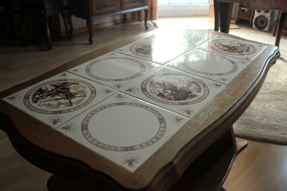 Image 1 of Mid - Century wooden newspaper trolley with ceramic tiles, on castors, vintage