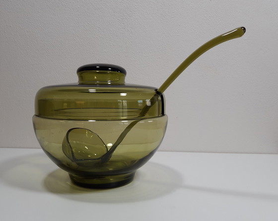 Image 1 of Olive Green/Green Violet Glass Bowl With Lid And Matching Glass Ladle With Spout.