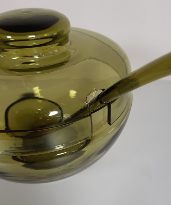 Image 1 of Olive Green/Green Violet Glass Bowl With Lid And Matching Glass Ladle With Spout.