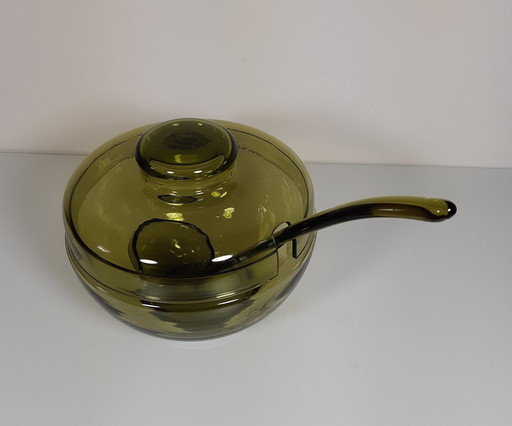 Olive Green/Green Violet Glass Bowl With Lid And Matching Glass Ladle With Spout.