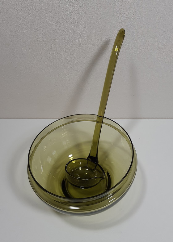 Image 1 of Olive Green/Green Violet Glass Bowl With Lid And Matching Glass Ladle With Spout.