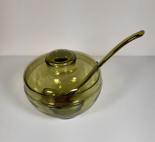 Olive Green/Green Violet Glass Bowl With Lid And Matching Glass Ladle With Spout.