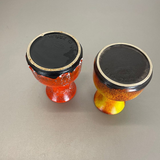 Image 1 of Pair of vintage pottery fat lava vases "Yellow-Red" by Jasba, Germany 1970s