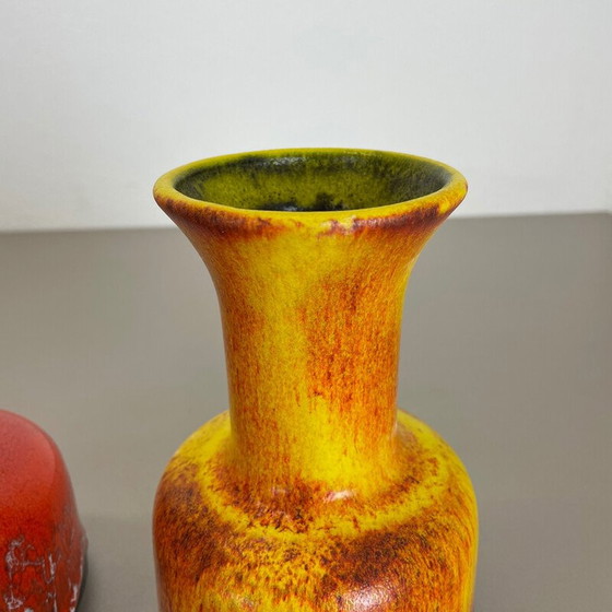 Image 1 of Pair of vintage pottery fat lava vases "Yellow-Red" by Jasba, Germany 1970s