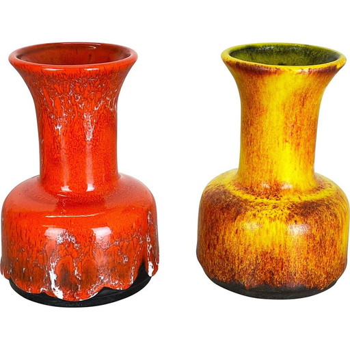 Par de jarrones vintage de cerámica de lava gruesa "Amarillo-Rojo" de Jasba, Alemania, década de 1970