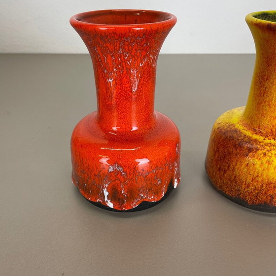 Image 1 of Pair of vintage pottery fat lava vases "Yellow-Red" by Jasba, Germany 1970s