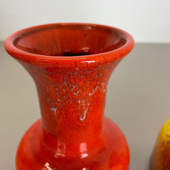Image 1 of Pair of vintage pottery fat lava vases "Yellow-Red" by Jasba, Germany 1970s