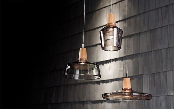 Image 1 of 3 X Dreizehngrad Design Pendant Lamp, Hand Blown With Wooden Fitting