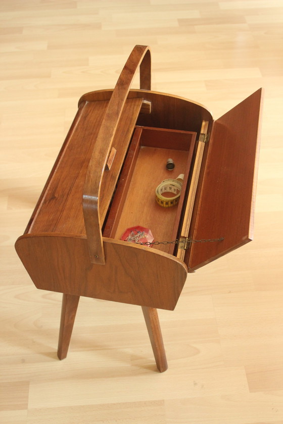 Image 1 of 1950S Sewing box on feet, handmade, hinged, vintage