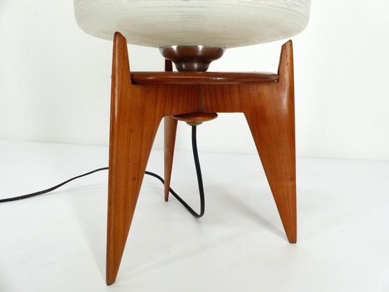 Image 1 of Vintage Tripod Wood And Glass Table Lamp 1950 France