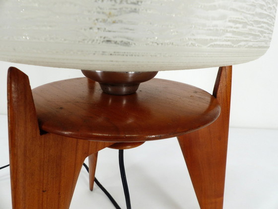Image 1 of Vintage Tripod Wood And Glass Table Lamp 1950 France