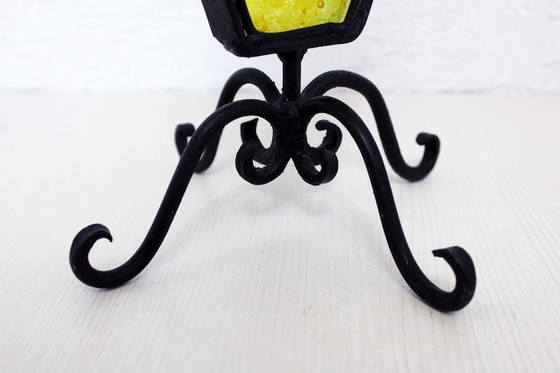 Image 1 of Beautiful wrought iron candle holder with stained glass.