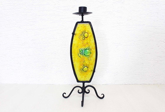 Image 1 of Beautiful wrought iron candle holder with stained glass.