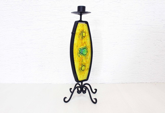 Image 1 of Beautiful wrought iron candle holder with stained glass.