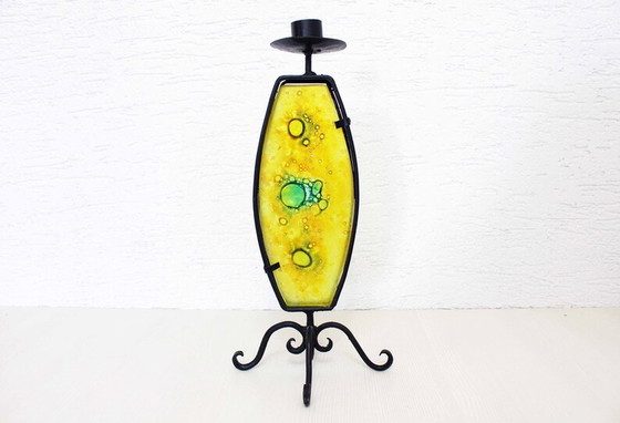 Image 1 of Beautiful wrought iron candle holder with stained glass.